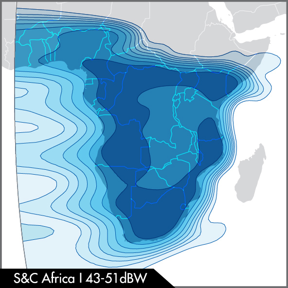 ABS-2 satellite, Ku-band S & C Africa beam coverage map, covering Central and South Africa continent.
