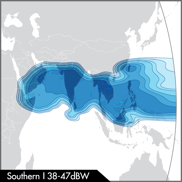 ABS-2 satellite, Ku-band Southern beam coverage map, covering the Middle East, South Asia, and Southeast Asia regions