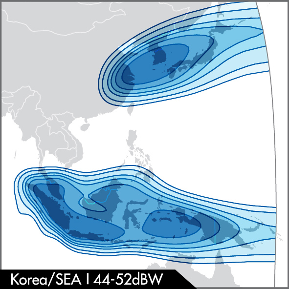 ABS-2 satellite, Ku-band Korea and SEAsia beam coverage map, covering Korea, Japan, Indonesia Papua New Guinea