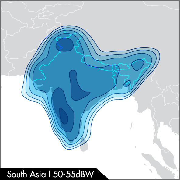 ABS-2 satellite, Ku-band South Asia beam coverage map, covering India, Nepal and Bangladesh.