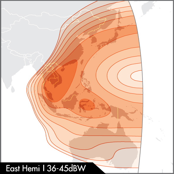 ABS-2 satellite, C-band East Hemi beam coverage map, covering Korea, Japan, Southeast East, Papua New Guinea and Australia